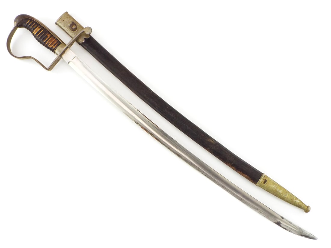 WWI German Imperial POLICE Sword By BUSCHELL SOLINGEN: German imperial police sword from WWI features a curved single edged blade with broad fuller, bearing the B. Buschell Solingen maker mark on the ricasso. The brass P-guard hilt with mellowed leather o