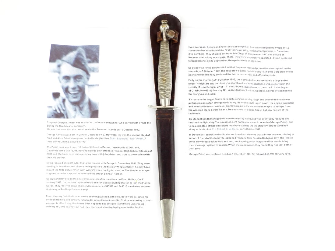 Historically Important Pacific War related 1st Pattern Fairbairn Sykes fighting knife: WW2 1st Pattern Fairbairn Sykes (F.S) Commando Knife by Wilkinson Sword, Attributed to Corporal George F Priest, US Marines Air Service VMSB-141, Killed in the Pacific 11th October 1943. WW2 1st Patte