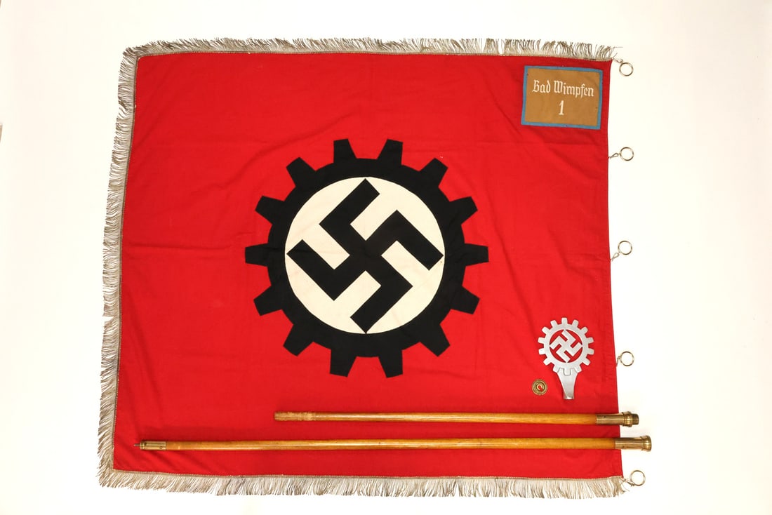 German WWII DAF Organizational Parade Flag BAD WIMPFEN 1 with Pole & Finial (1 of 16)