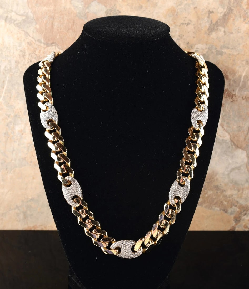 14k Yellow Gold Royal Monaco Miami Cuban Link 13mm Curb Chain 24" w. Iced Lock.: Weight : 67.3g. Marks : 14k. Gold : solid. Length : 24". 13 mm wide, 4 mm thick. Direct credit card payment will not be accepted for this Lot. Accepted payment methods include cash, certified bank che