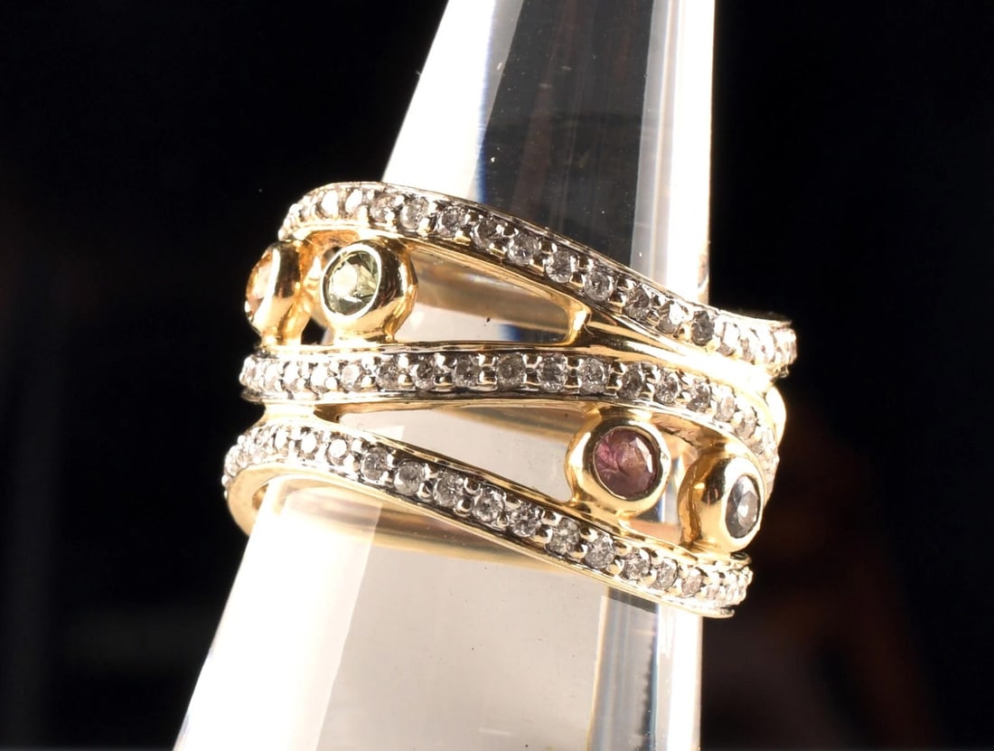 14k Yellow Gold Gemstones And Diamond Ring Size 6.: Size 6. Weight 6.5 g. Marked 14K. Direct credit card payment will not be accepted for this Lot. Accepted payment methods include cash, certified bank check, wire transfer, and ACH.