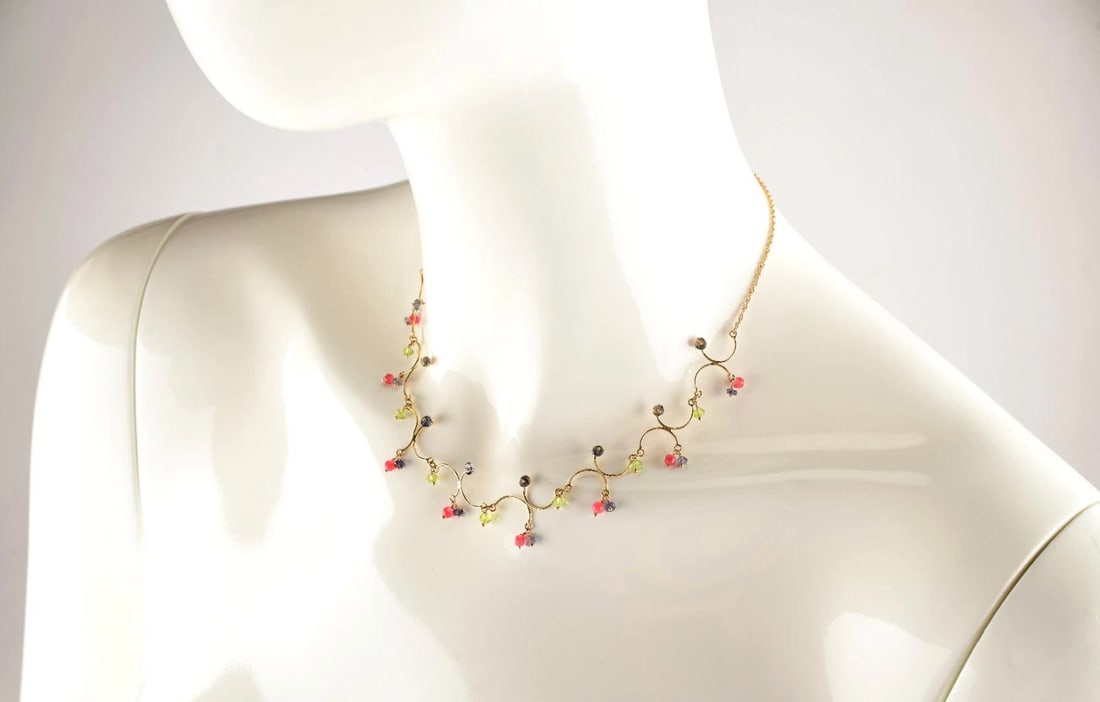 14k Yellow Gold Colorful Multi Gem Choker Necklace 16": Weight : 5.7g. Length : 16". Stamped : 14k. Direct credit card payment will not be accepted for this Lot. Accepted payment methods include cash, certified bank check, wire transfer, and ACH.