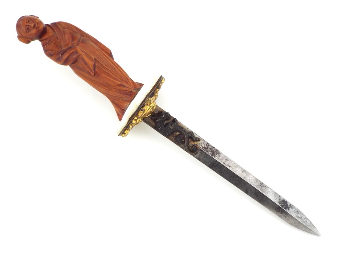 Antique Chinese BOXWOOD FIGURE Dagger Bone & Gilding Guard (1 of 14)