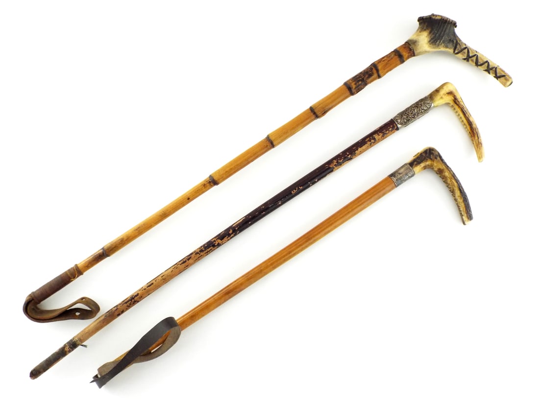 European Late 19th C. Equestrian Riding Crop Trio with Antler Handles (1 of 10)