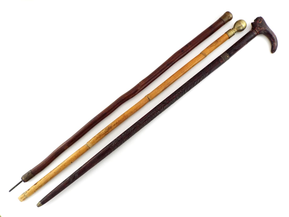 Lot of 3 American Sword Canes with Carved Wood & Brass (1 of 10)