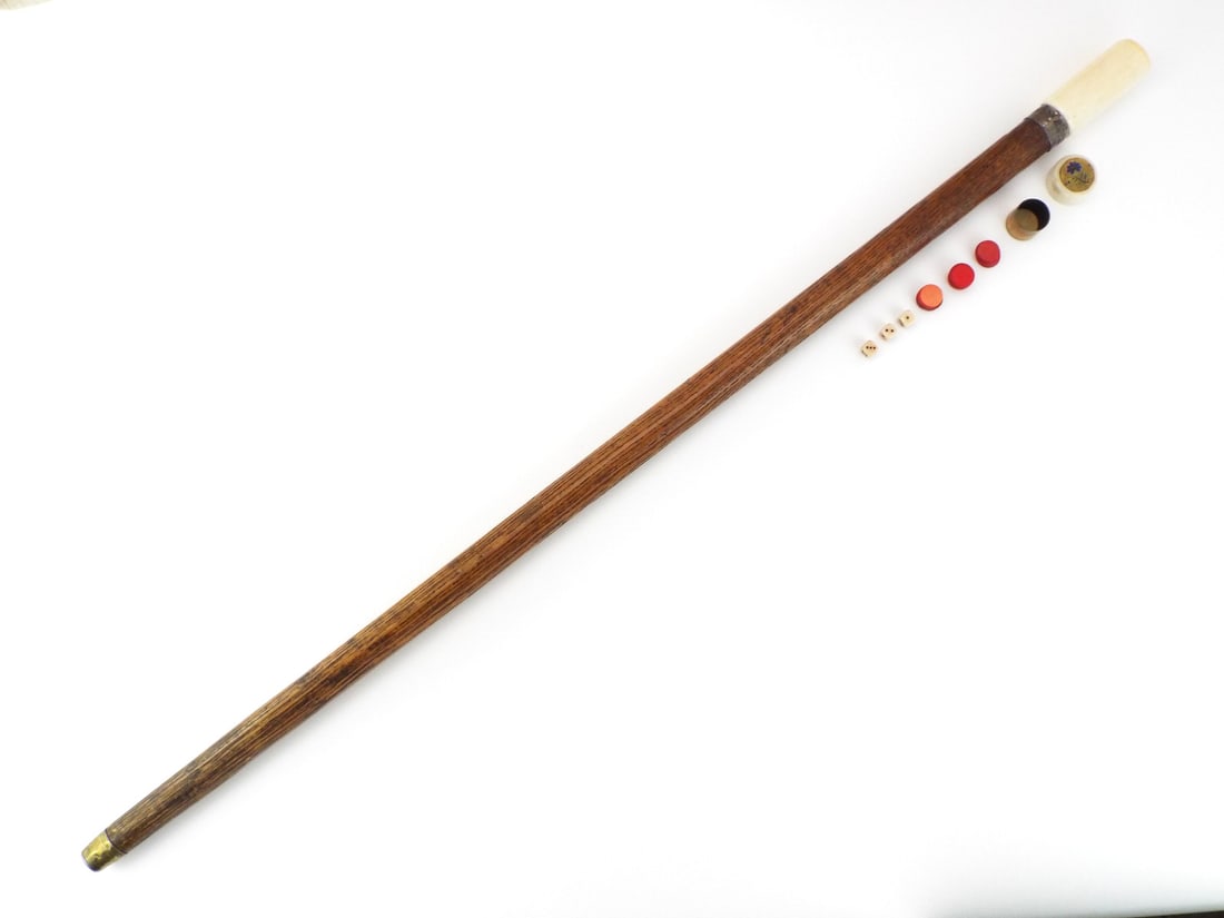 Very Fine US Civil War Era GAMBLER'S CANE Cloisonne Enamel & Hallmarked Silver: Dense wood shaft shows minor surface abrasions and deep aged patina. Ornate sterling silver collar displays Birmingham anchor, lion passant and sterling silver with maker mark SB. Very Fine threaded h