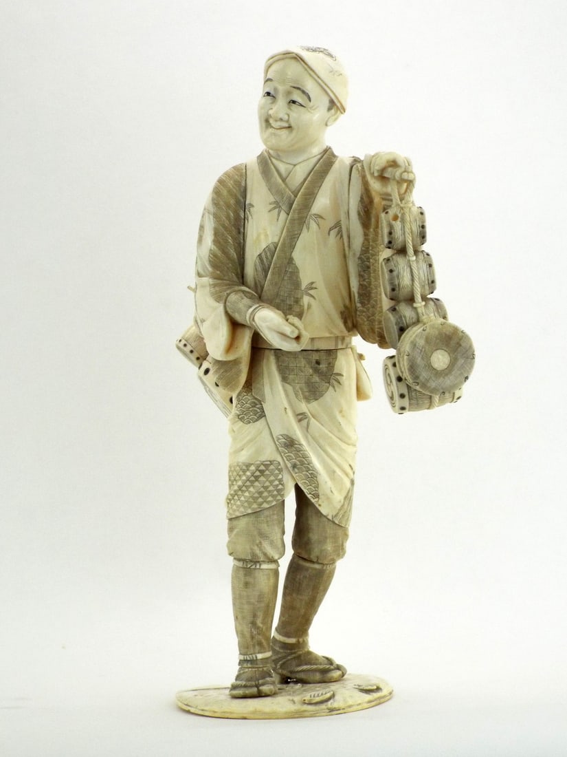 Very Fine Japanese Meiji MASATAMI Signed OKIMONO SCULPTURE Drum Performer (1 of 20)