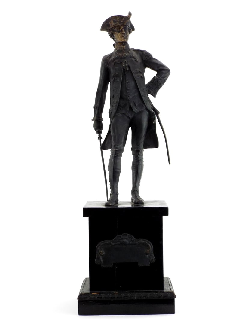 American 19th C. GENERAL LAFAYETTE Bronze Sculpture: Full round patinated bronze figure exhibiting minor rubbing to high points and consistent darkened surface. Finely cast uniform details show crisp button and epaulette definition. Supported by a squar