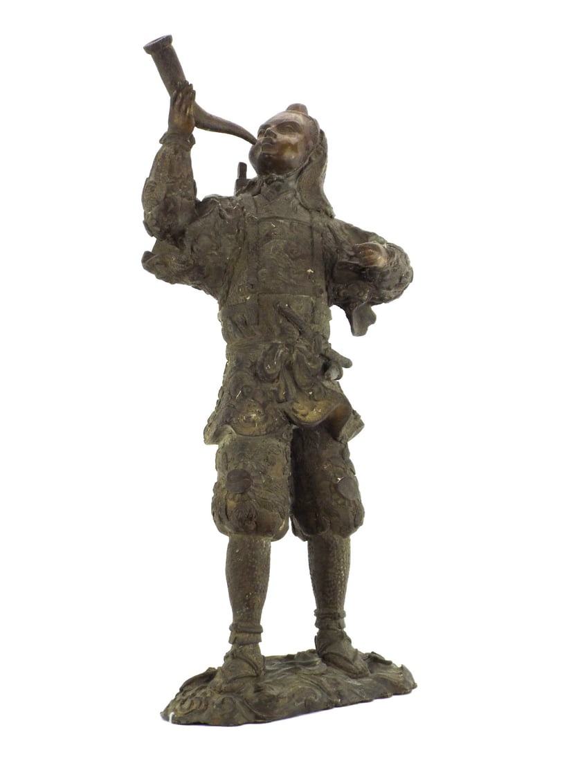 Japanese Meiji WARRIOR BRONZE SCULPTURE: Finely cast patinated bronze body displaying intricate floral relief chasing and traditional segmented armor. Hands and facial features show softened wear from handling with a deep chocolate brown pat