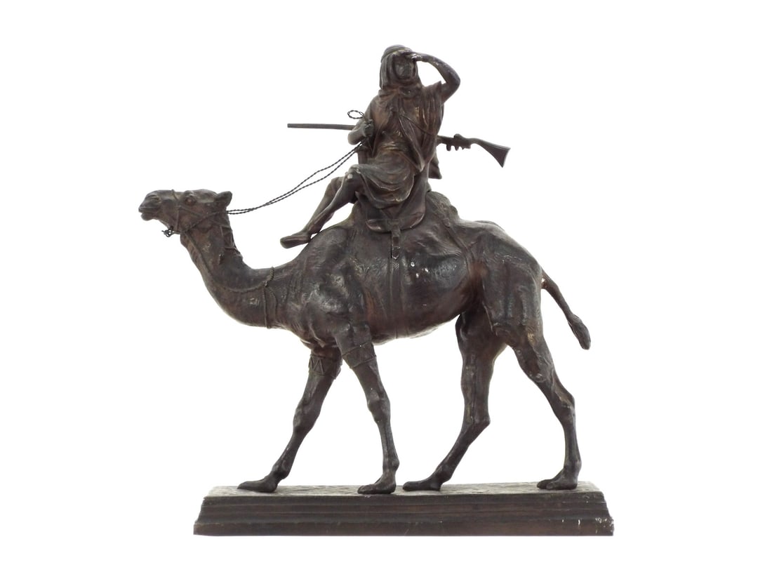 French 19th C. Orientalist Bronze Scout Sculpture By CHARLES VALTON with Integral Base: Charles Valton was a titan of the French Animalier school, a pupil of the legendary Antoine Louis Barye and Emmanuel Fremiet who honed his craft by sketching live animals at Paris Jardin des Plantes. 