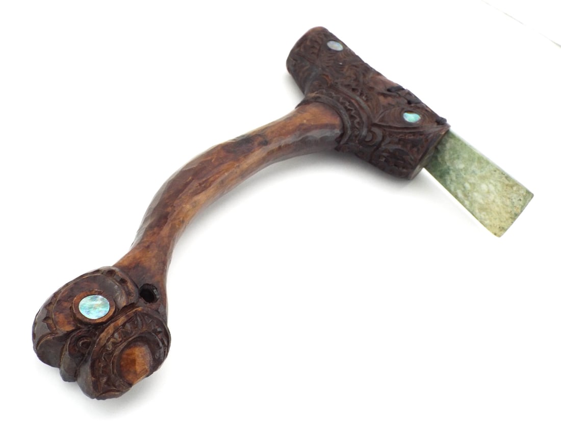 New Zealand Traditional Maori CEREMONIAL CARVED AXE with MOP INLAYS (1 of 15)