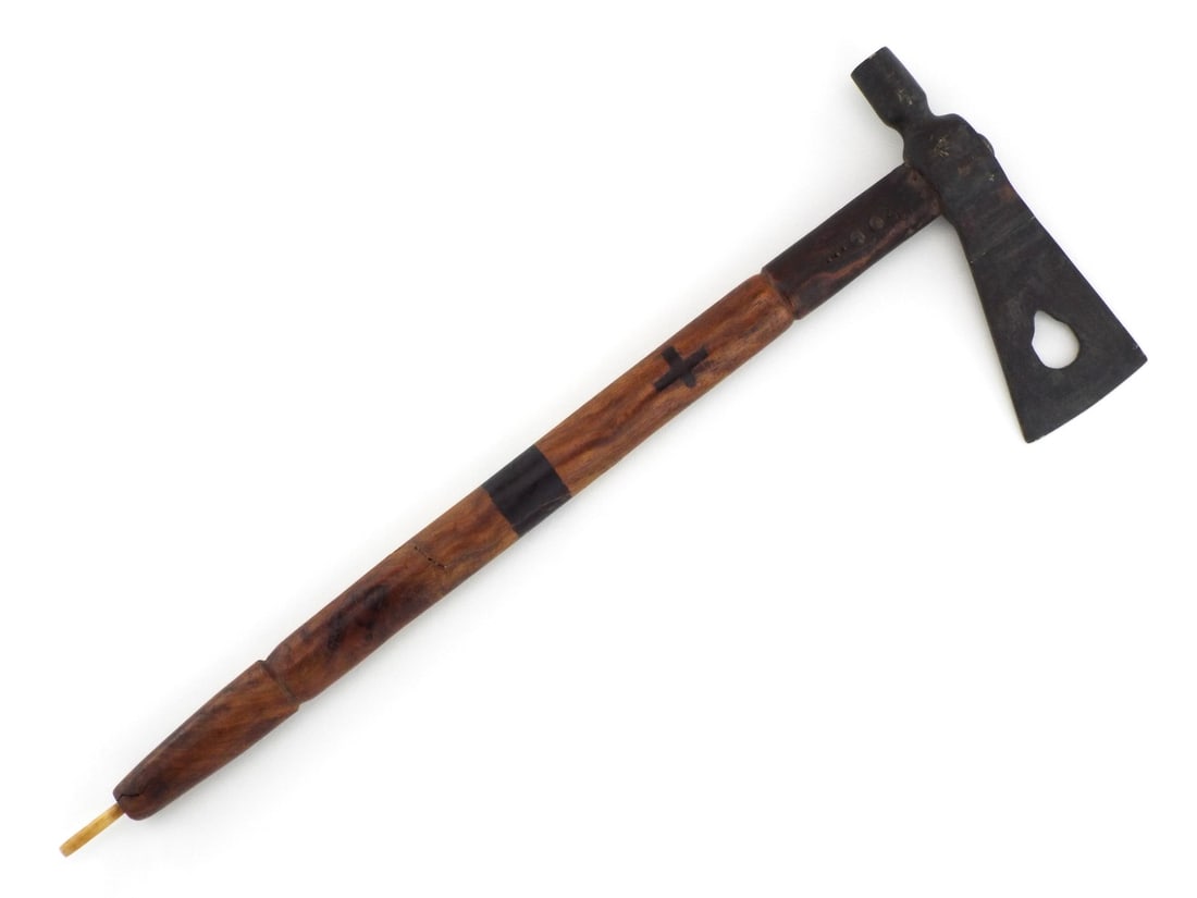 Native American 20th C. PIPE TOMAHAWK Teardrop Piercing & Brass Tacks (1 of 16)