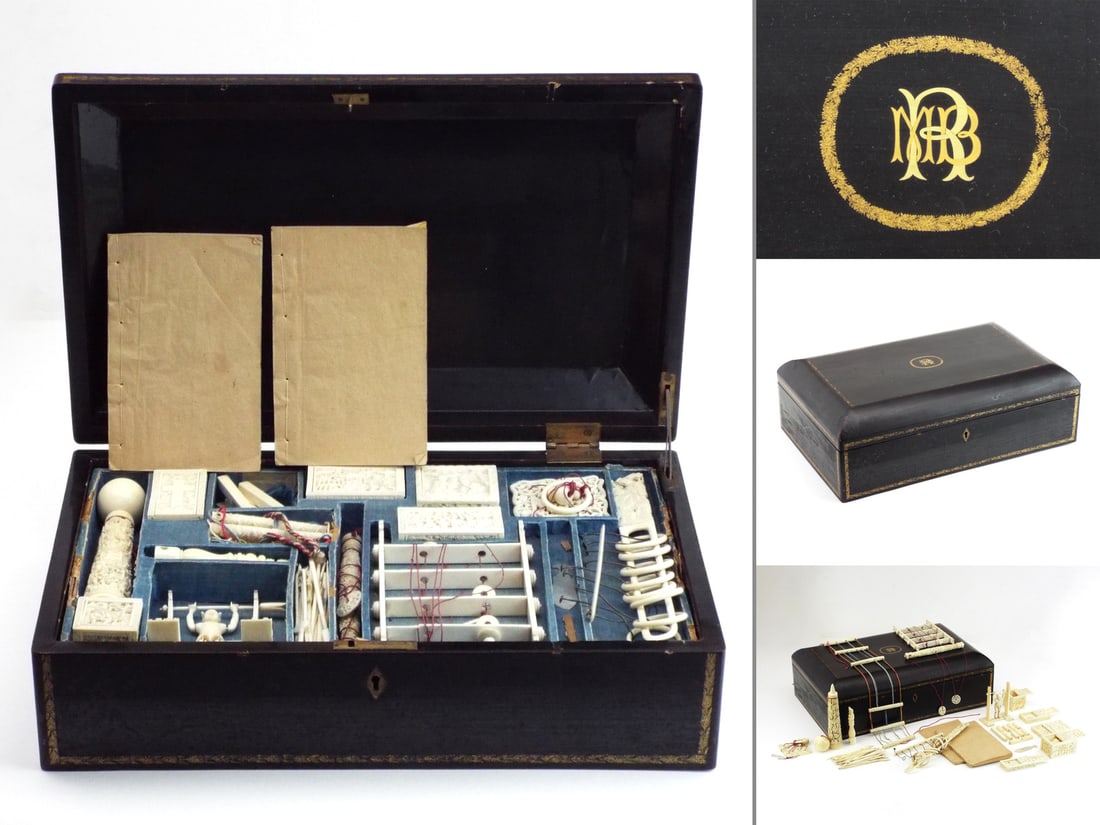 Fine Custom Chinese Mid 19th C. GAMES COMPENDIUM Lacquer Box & Gilt MB Monogram: Black lacquer rectangular case shows localized surface crazing and honest shelf wear to the base, the lid featuring a refined gilt work border centered by a bespoke foliated wreath surrounding the mon