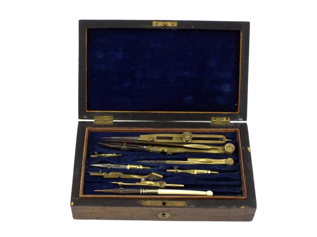 British 19th C. PROFESSIONAL MATHEMATICAL DRAWING SET in Rosewood Case (1 of 7)