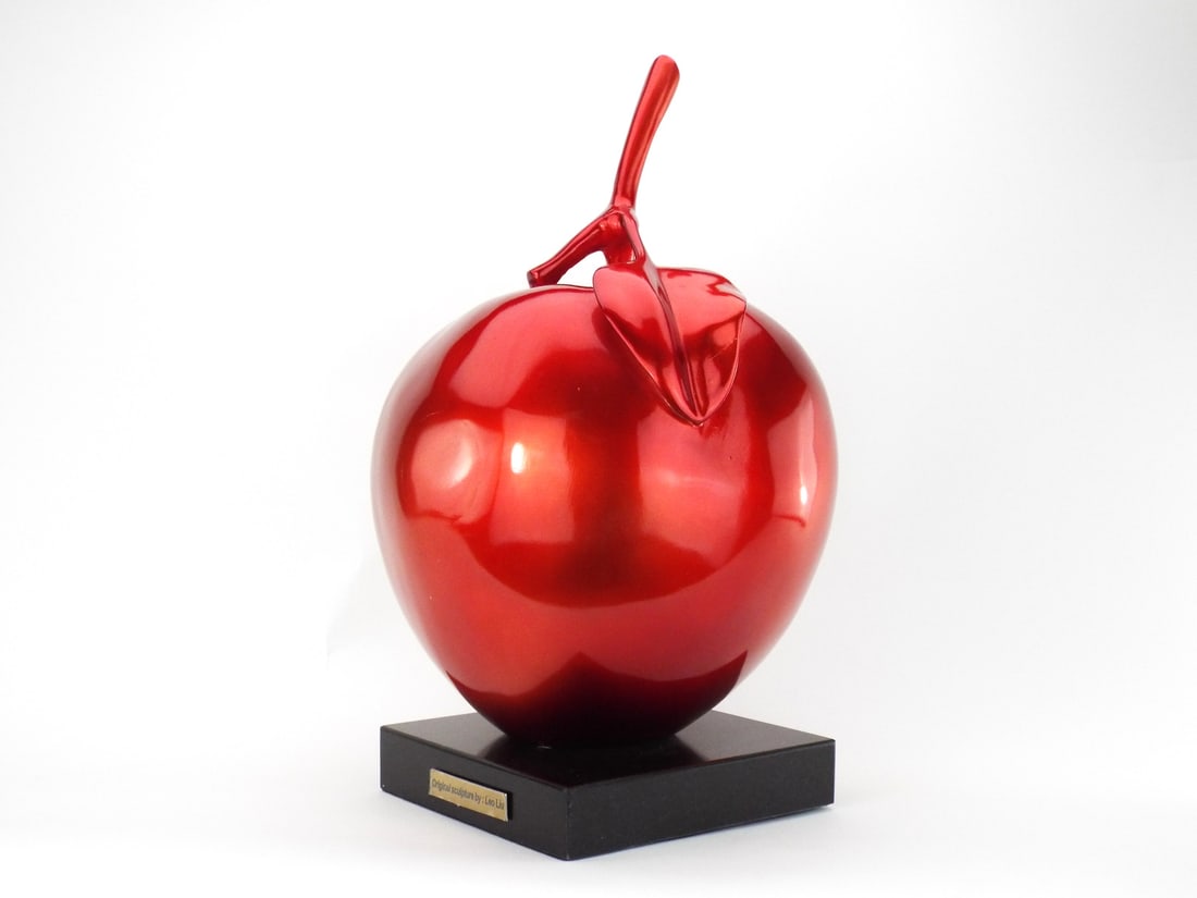 Contemporary LEO LIU Sculpted Apple High Gloss Metallic Lacquer: Large format cold cast body displaying vibrant scarlet metallic finish, surface exhibits uniform luster with minor handling marks and superficial abrasions to the lacquer coating consistent with displ