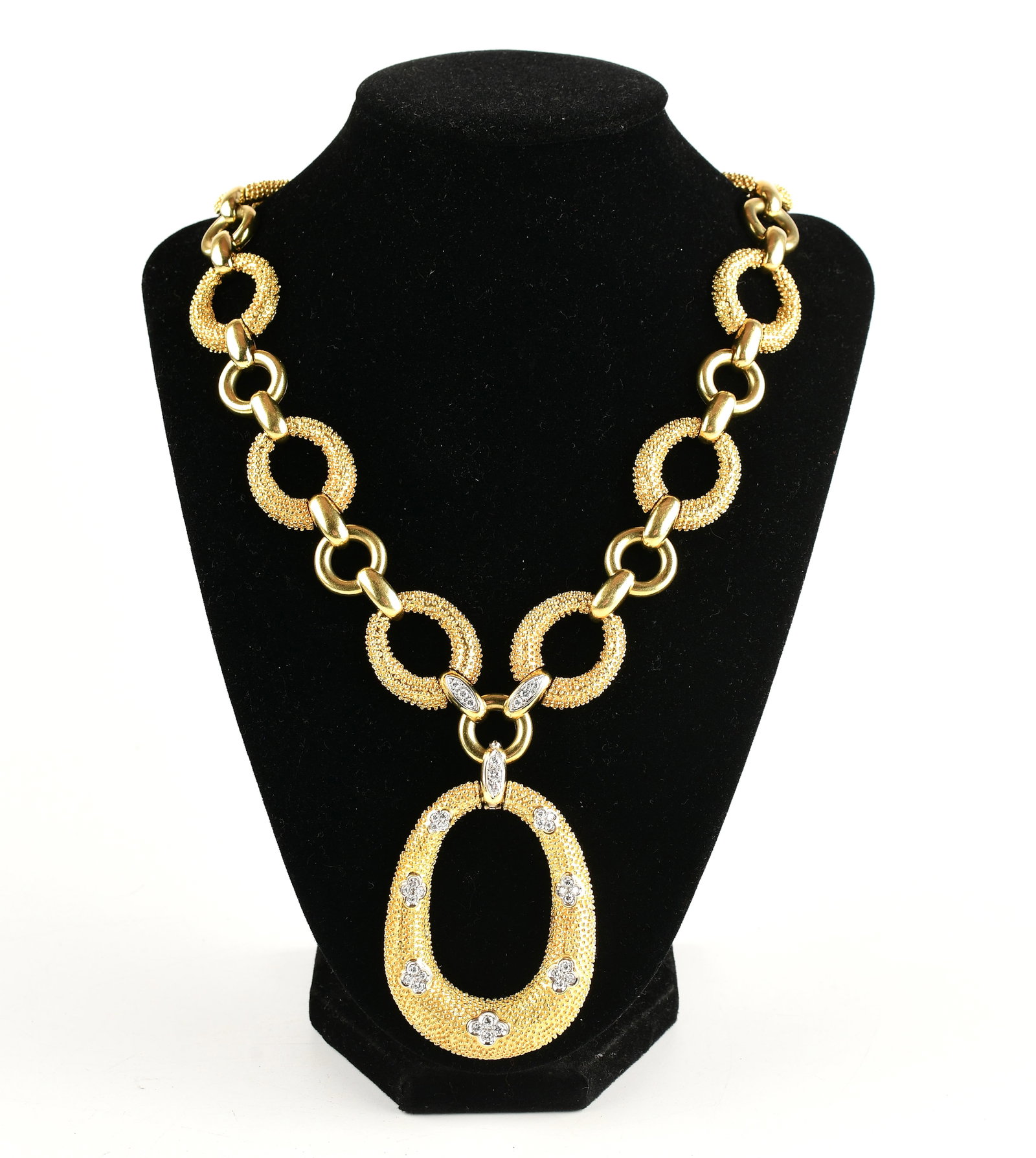 Textured Yellow Gold Link Statement Necklace with Removable Diamond Oval Pendant: Textured Yellow Gold Link Statement Necklace with Removable Diamond Oval Pendant, Weight 171g, Diamonds 1 tcw, Color G, Clarity VS, Natural. Unique, custom-made, lightly worn and well cared for. Direc