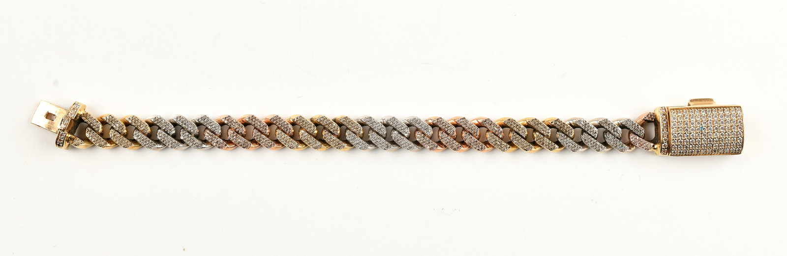 Three-Tone 14K Studded Diamond Link Bracelet: Three-Tone 14K Studded Diamond Link Bracelet, Natural, Weight 45.4g. Direct credit card payment will not be accepted for this Lot. Accepted payment methods include cash, certified bank check, wire tra