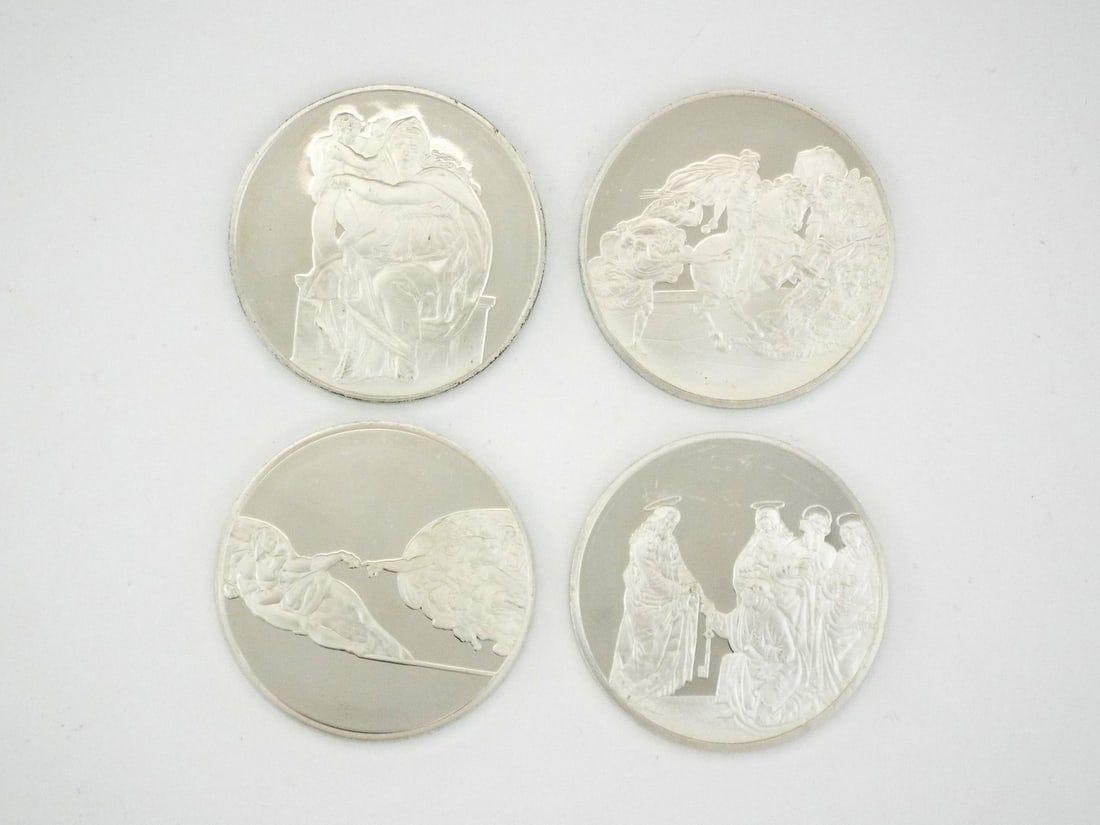 Group of USA 1970's Art Medals FRANKLIN MINT Sterling Silver Proofs: Group of four high relief medals from the Art Treasures of the Vatican series. Mirror polished proof fields exhibit minor handling marks and superficial hairlines consistent with age. Reverses struck 