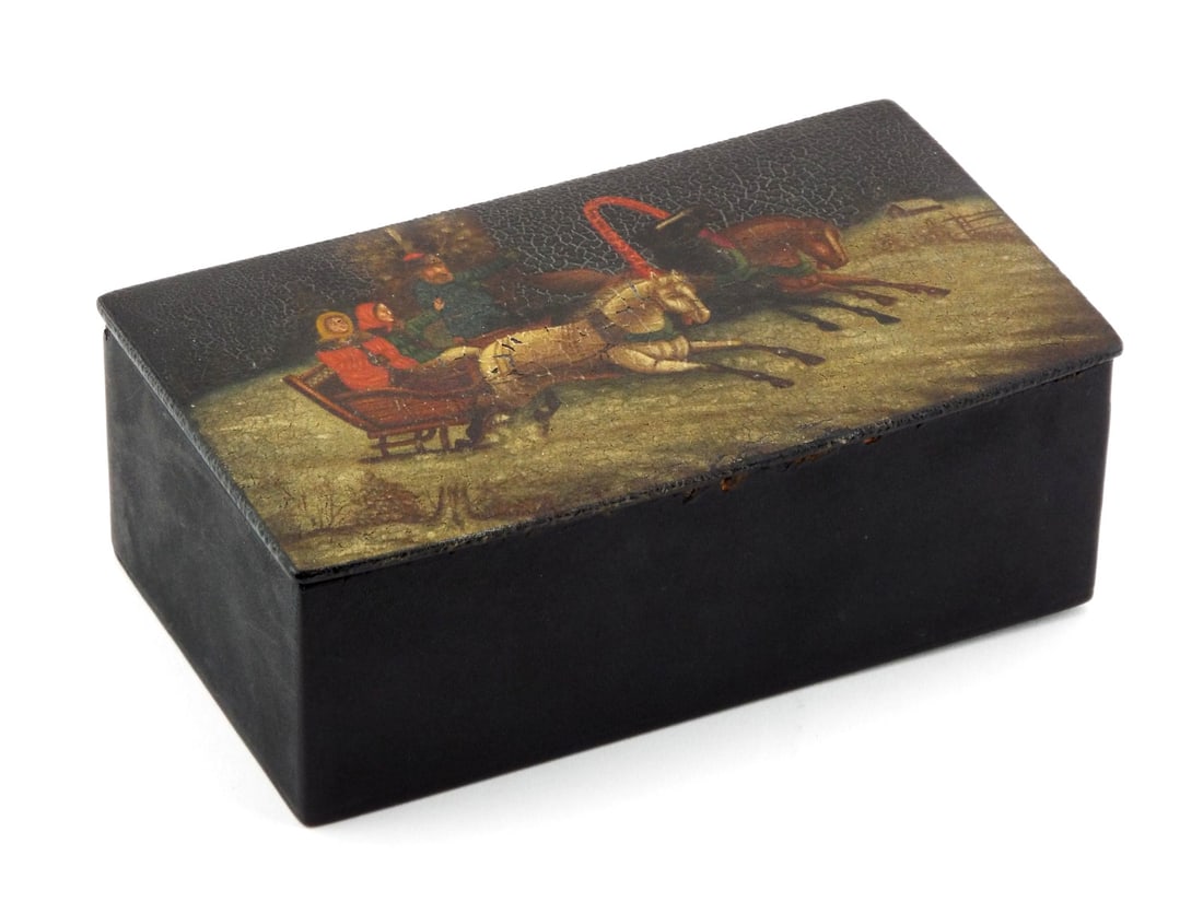 Beautiful Russian 19th C. PAPIER-MACHE BOX By Ivan M. Muranoff: Lid features hand painted three horse carriage scene with heavy craquelure and surface wear. Black lacquered exterior shows edge chipping and some finish loss to the rim. Cinnabar red interior retains