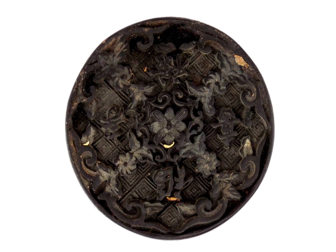 Chinese Late Qing Carved Horn Robe Ornament GUARDIAN LION RELIEF: Carved relief depicting a paired Buddhist guardian lions motif within a beaded border, dark horn body showing age patina, scattered edge wear and minor losses from handling. Reverse deeply carved with