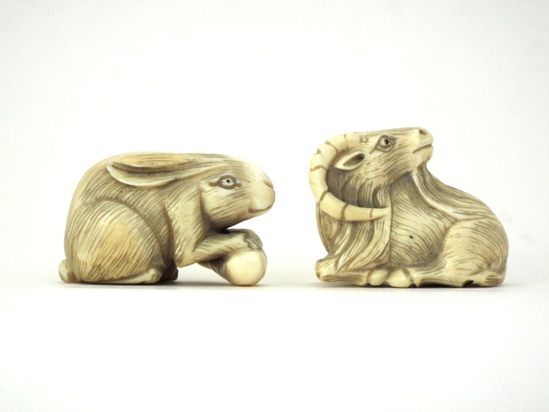 Pair of Japanese Edo Period CARVED RAM and RABBIT Netsuke (1 of 10)