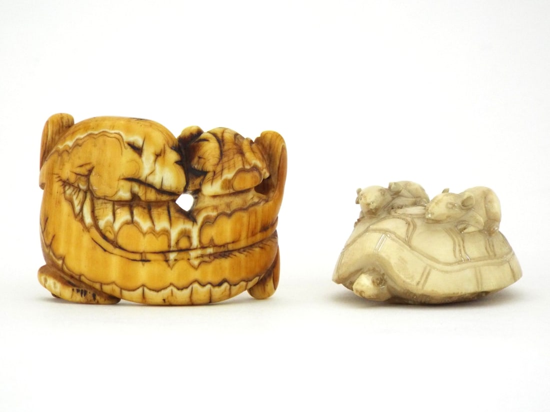 Very Fine Japanese MEIJI Period COILED SNAKE AND TORTOISE Netsuke: Compact coiled serpent body exhibiting deep honey toned patina and stylized scale carving with integrated cord holes. Paired with a turtle carrying two rats, displaying moderate surface wear and scatt