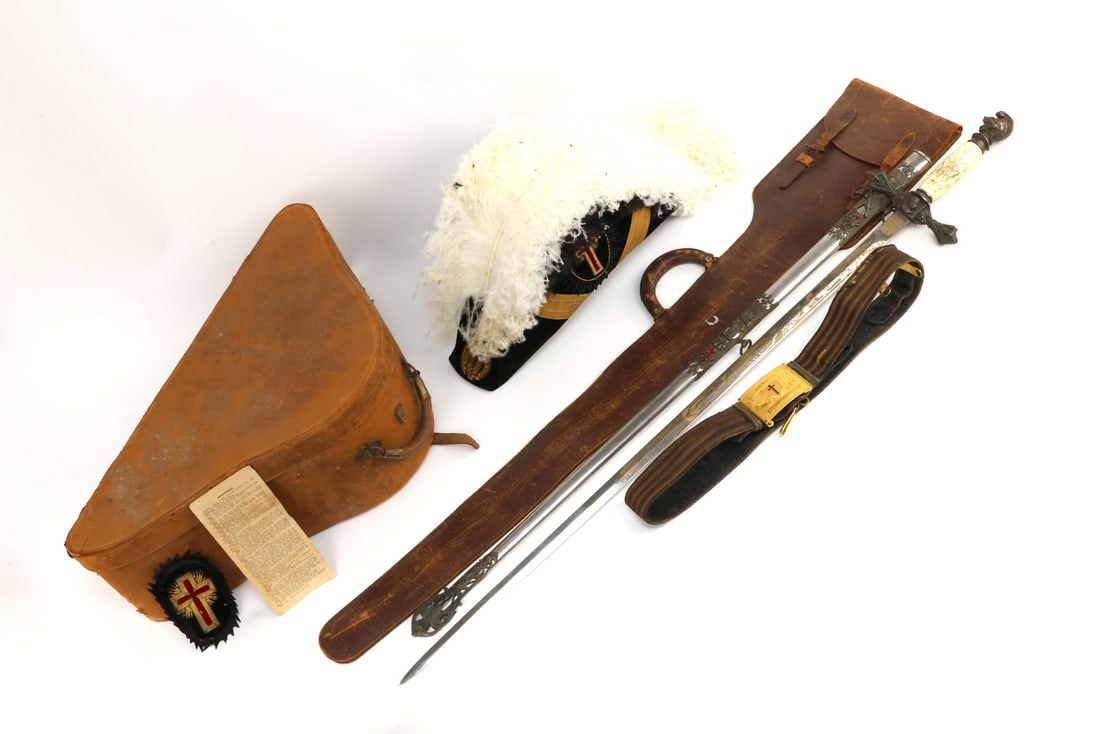 American Late 19th C. Fraternal Lot with Sword Bicorn Hat Belt & Gilt Buckle (1 of 19)