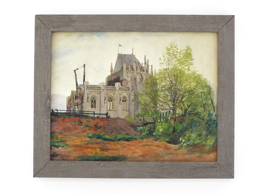 Framed Finnish WWII Watercolor Painting By BROUGHTON: Wartime watercolor painting on paper. Finely executed body showing stable condition with minor surface toning. Depicts a damaged cathedral structure with stabilization cranes flying a Finnish national