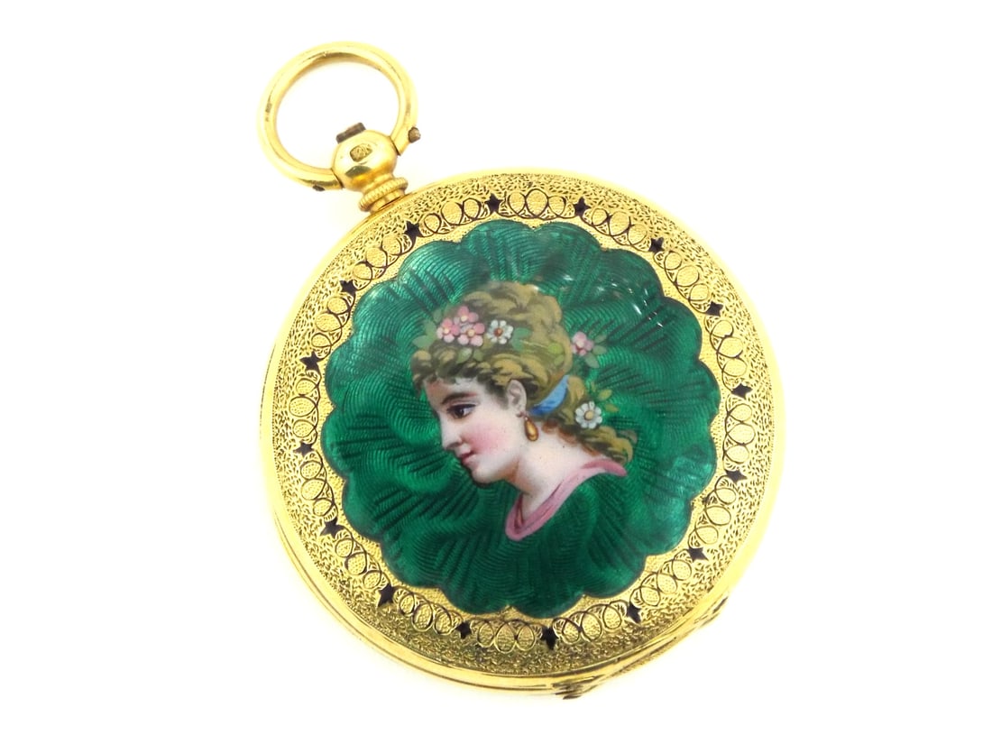Rare Swiss Mid 19th C. 18K Gold Lady Watch By FREDERIC COURVOISIER & Dual Enamel Portrait: Stunning 18k gold engine turned case showing vibrant green translucent enamel over guilloche, front cover depicts fine polychrome female portrait, reverse with alpine lakeside scene, both exhibiting m