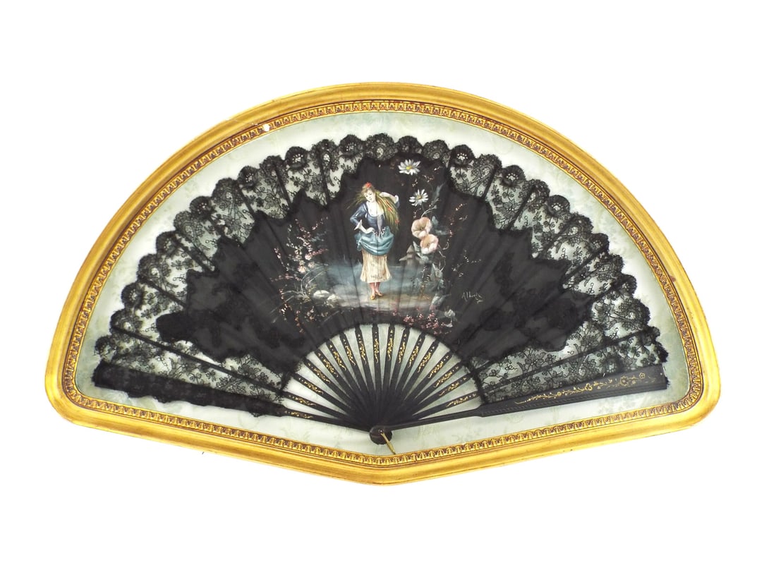 French Victorian Black Chantilly Lace Folding Fan HAND PAINTED & Signed ALBERT: Hand painted silk fan leaf depicting a pastoral female figure in landscape signed Albert shows age toning but remains intact, bordered by a wide band of delicate black Chantilly style lace with minor 
