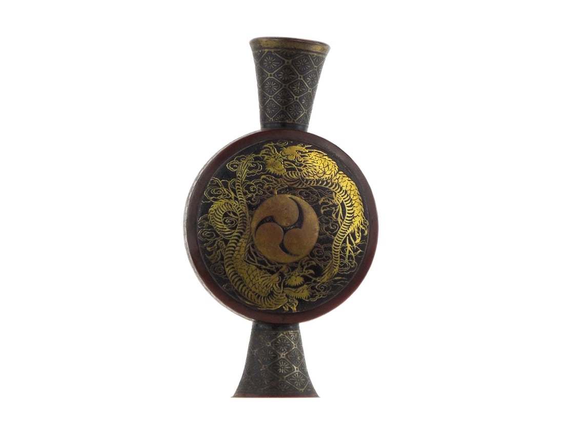 Japanese Meiji Drum Vase with GOLD DRAGON: Patinated bronze and lacquer body cast in the form of a festival drum with a flat profile and perimeter tacks, showing minor surface wear and light rubbing. The central faces feature a chiselled three