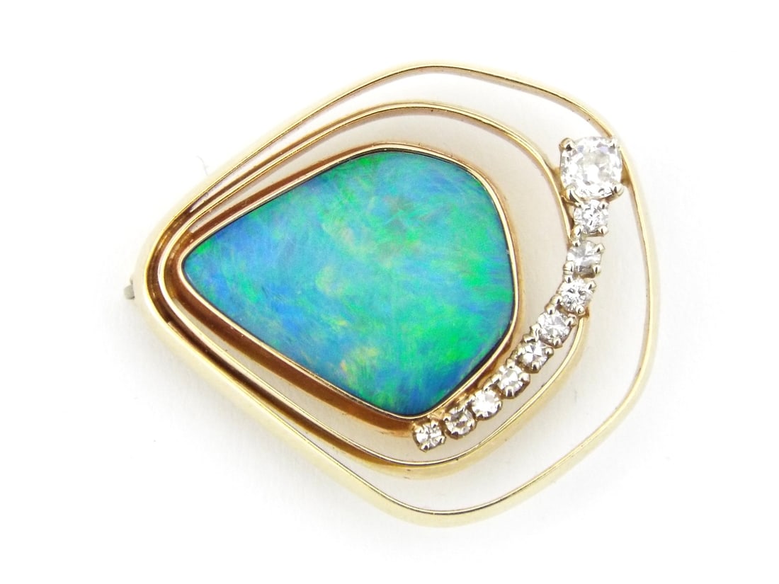 Opal and Diamond 14K Yellow Gold Brooch: Opal and Diamond 14K Yellow Gold Brooch, Brand KAHLE, Diamonds 0.3tcw, Weight 9.1g. Direct credit card payment will not be accepted for this Lot. Accepted payment methods include cash, certified bank 
