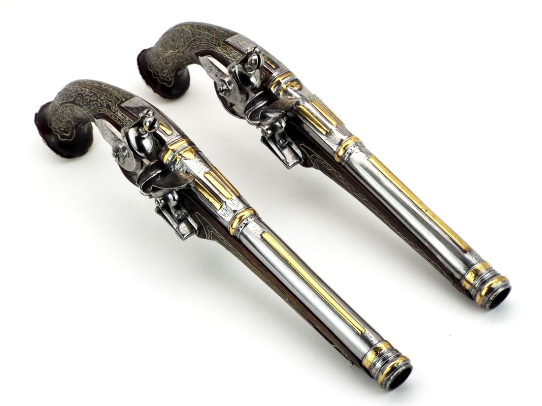 French 19th C. Flintlock Pistols with EXTENSIVE SILVER WIRE INLAY (1 of 20)