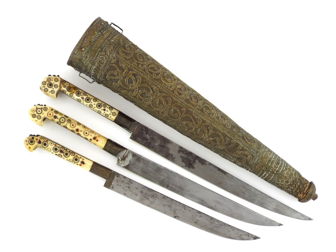 Very RARE Balkan TROUSSE Dagger Set BONE EARED POMMELS & Brass Repousse (1 of 20)