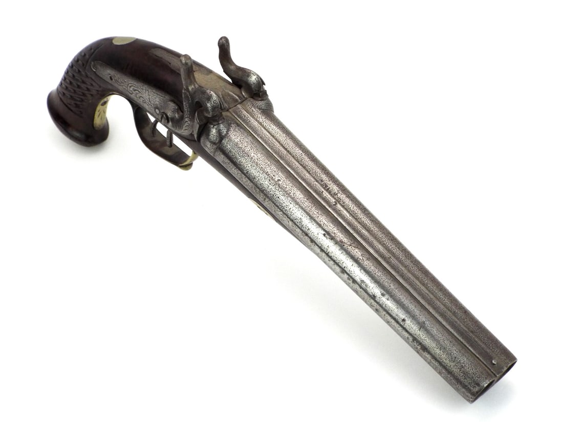 European 19th C. Large Double Barrel Percussion Pistol Gilt Brass Furniture & Cap Box: Side by side smoothbore iron barrels showing a deep, dark aged patina with moderate surface peppering and floral scroll engravings on the lockplates. Dual triggers operate smoothly alongside functioni