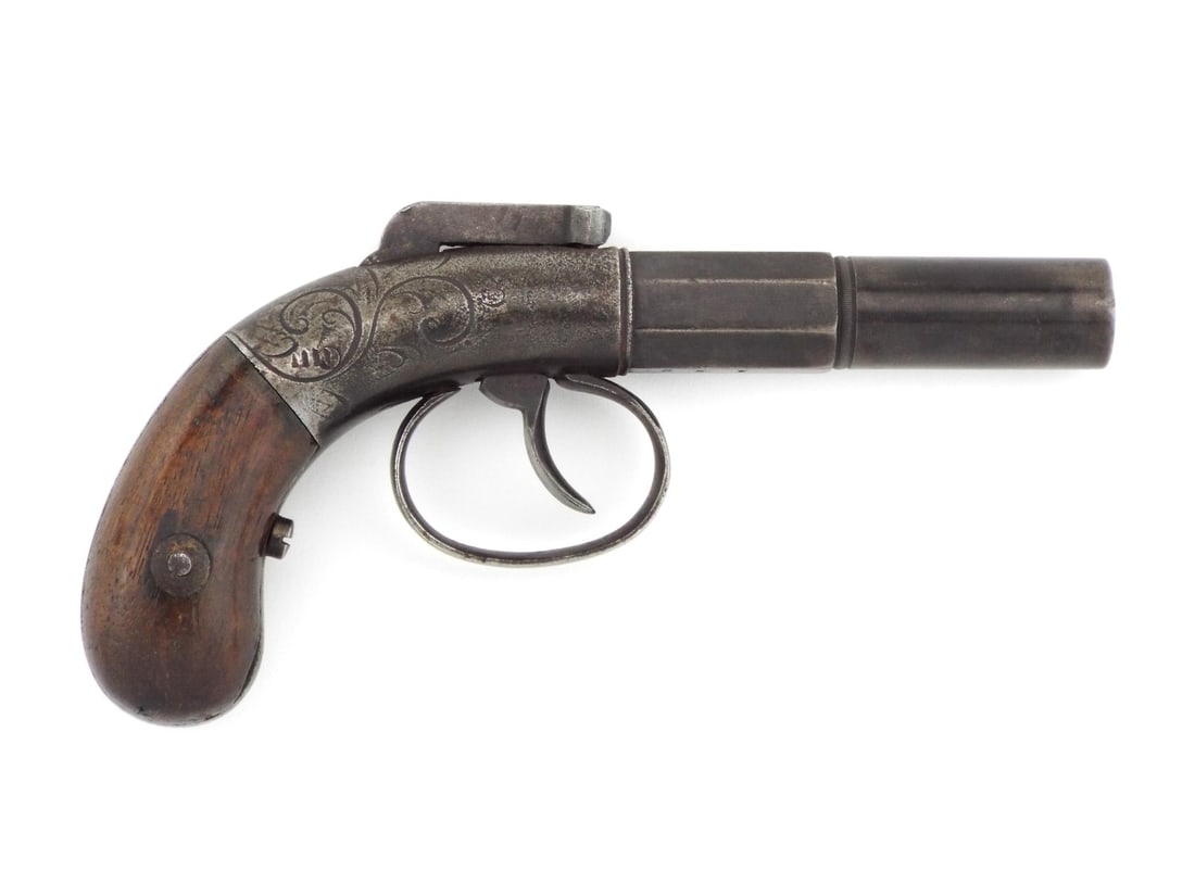 Ethan Allen Bar Hammer Pistol: Very nice condition, original finish on barrel, well marked, perfect action, nice and tight, about 6 1/4 inches overall.
