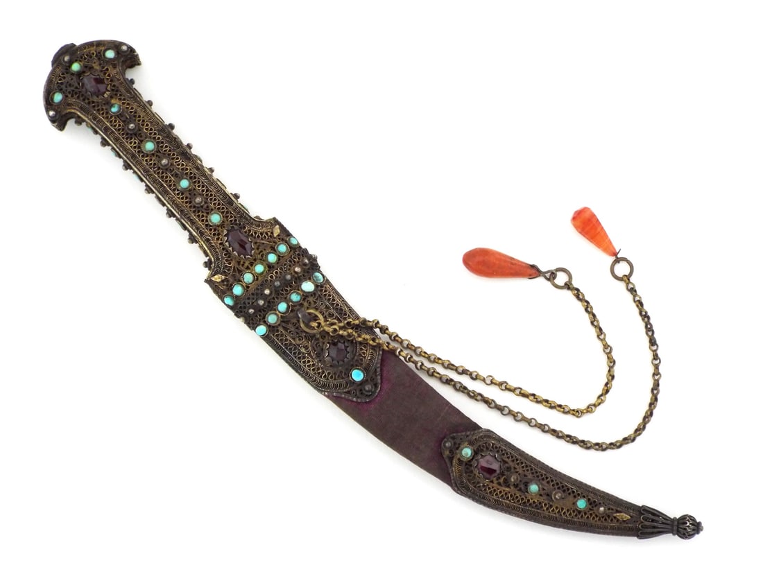 Lavishly decorated Ottoman Empire Turkish jambiya dagger: Splendid silver mounted rubies and turquoise stones set Ottoman Turkish jambiya. 19th century, possibly Trabzon. Matching quality example in provided tef. page from "Islamic and Oriental Arms and Armo