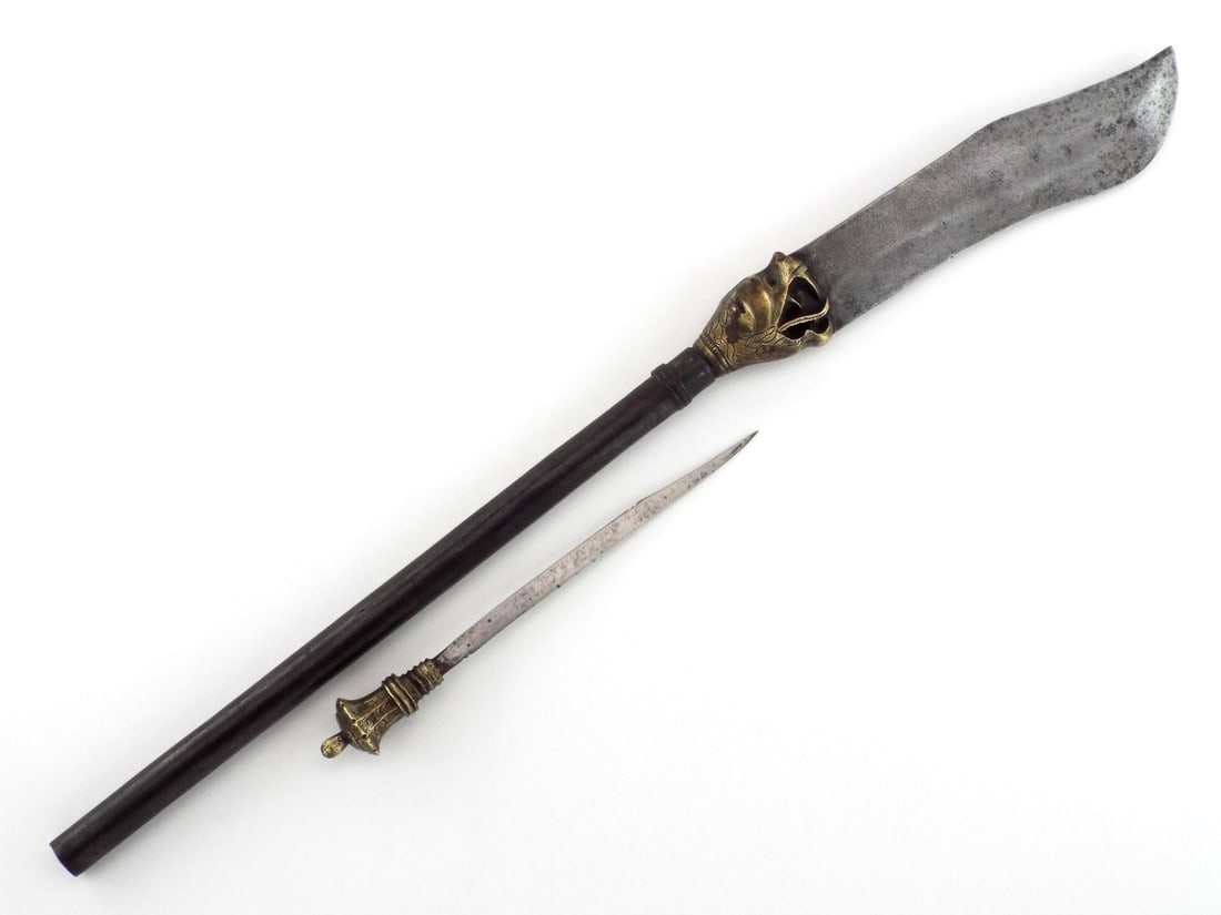 Indian Mughal Bhuj Fighting Axe HIDDEN POMMEL DAGGER & Brass Tiger Ferrule (1 of 19)