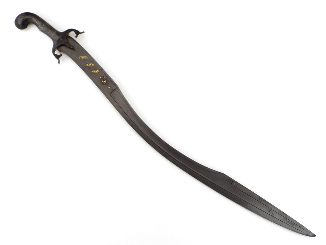 Indo Persian ISLAMIC WARRIOR DAMASCUS Battle Sword Gold Inlay Cartouches: Curved DAMASCUS steel blade exhibiting a reinforced T-spine and a distinct sharpened false edge near the tip, the surface showing three inset gold Islamic cartouches translating to Help from God and a
