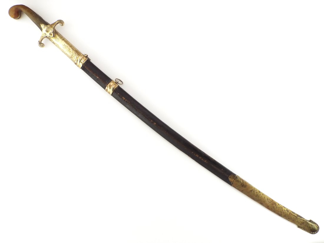 Ottoman Officer Sword with Leather Scabbard & HORN GRIP: Officer blade displays salt and pepper spotting with faint European style foliate engraving, multiple fullers remain well defined. Characteristic horn grip shows age related shrinking and stable surfa