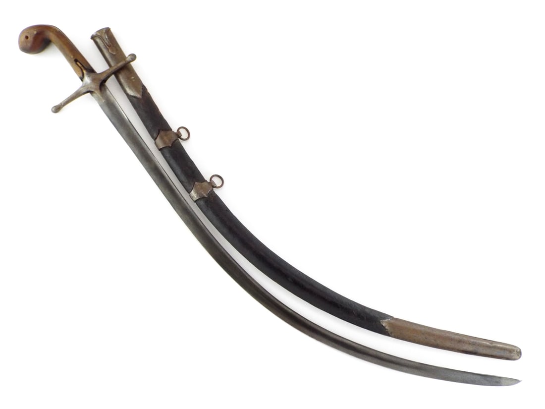 Ottoman Shamshir with WOOTZ BLADE & Gilded Hilt: Curved wootz blade exhibits scattered oxidation. Steel crossguard and tang show remnant gold floral overlay. Wood grip scales secured by pins with stable age cracks and smooth patina. Leather covered 