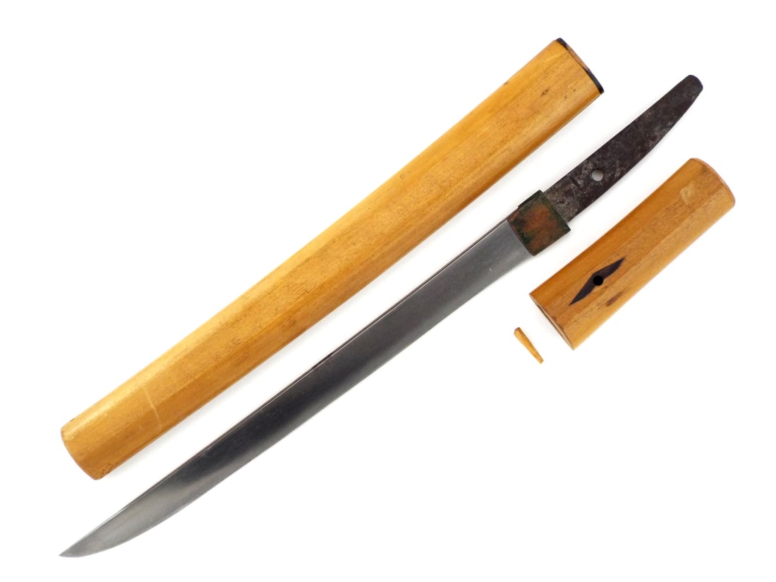 Old Long Tanto Silver Inlaid Mei: This is a very interesting, old, tanto with a rare silver inlaid mei. Additionally it has a completely ubu/uncut tang. The blade has a cutting edge of ? inches long and of hira zukuri form. The temper