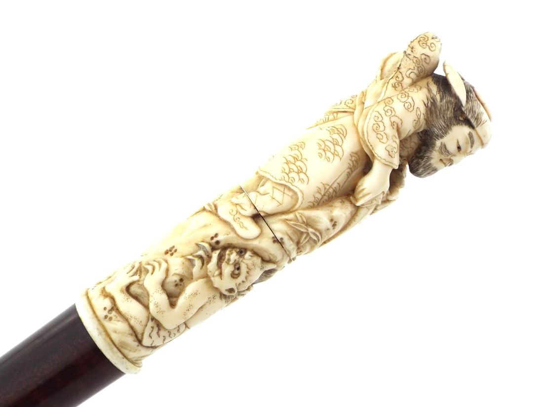 Very Fine Japanese Meiji Scholar Walking Cane with DEEPLY CARVED HANDLE (1 of 12)