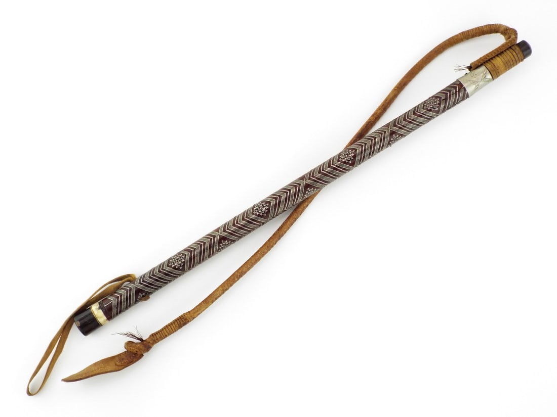 Very Fine Russian Caucasian 19th C. Riding Crop with Extensive SILVER WIRE WORK: Hardwood body features fine silver wire inlay in geometric chevron and dot patterns with expected surface wear. Handle terminates in a dark polished pommel and bone spacer showing minor age cracking. 