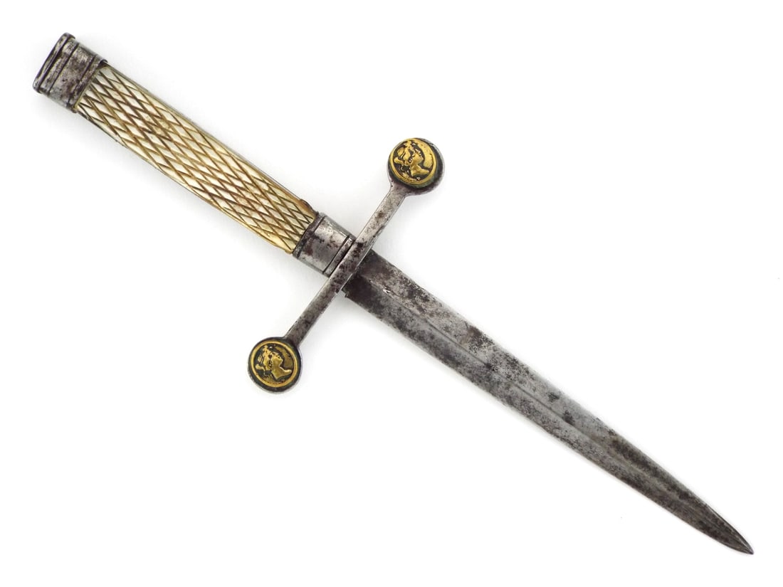 19 century European Stiletto knife or dirk: A nice and small stiletto dagger with mother of pearl grips and figural images embossed on the cross guard ends. Slim but razor sharp blade. Those small type stilettos were normally carried by prostit