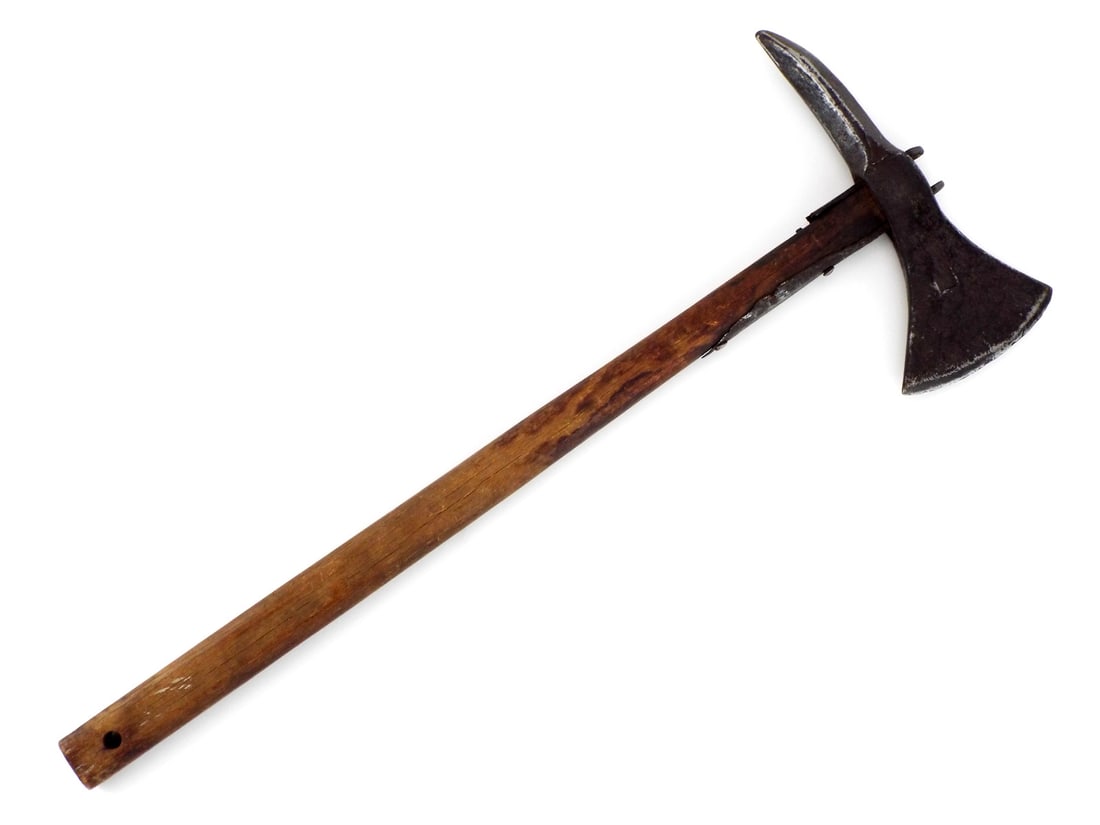 European 18th-19th C. Naval Boarding Axe with FORGED IRON HEAD: Forged iron head features a flared crescent blade displaying heavy oxidation and a smooth rectangular patch, counterbalanced by a stout, downward curved rear spike. Two heavy iron langets secure the h