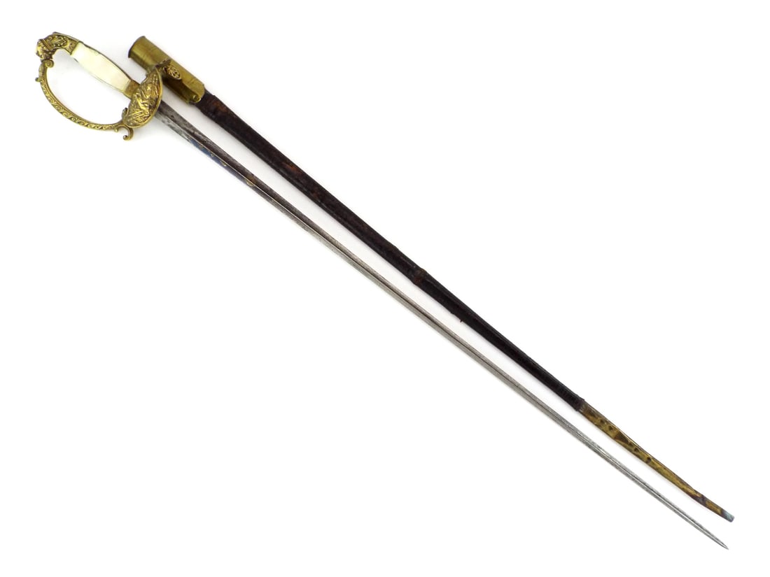 French Early 18th C. High Ranking Diplomat Sword By SIMON HELVIG & FILS with MOP Hilt: Straight diamond section blade exhibits localized patination with gilt floral and trophy engravings above stamped S.H maker mark at ricasso. Cast brass D-guard featuring an owl and lion head pommel an