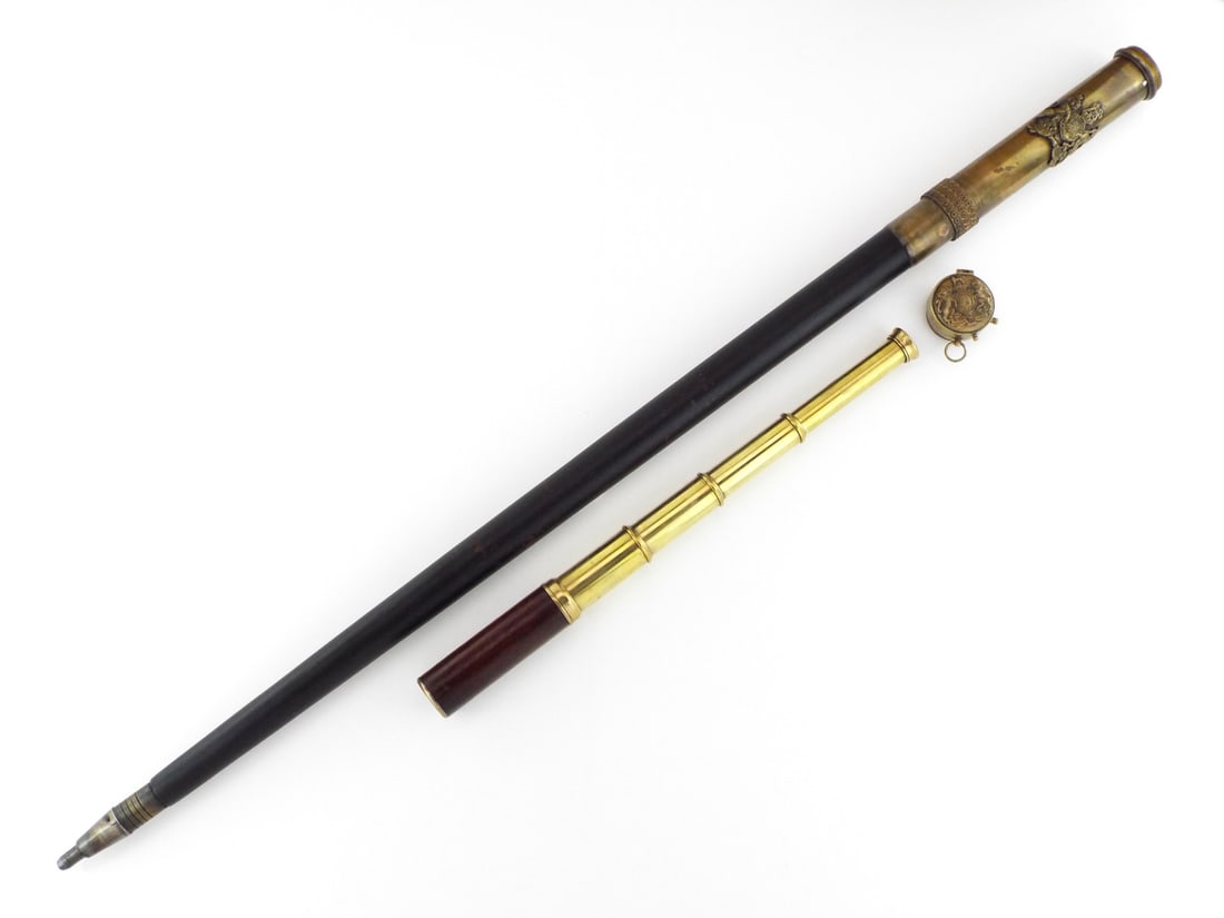 British 19th C. Navy Cane with Hidden TELESCOPE & COMPASS & Royal Coat of Arms (1 of 16)