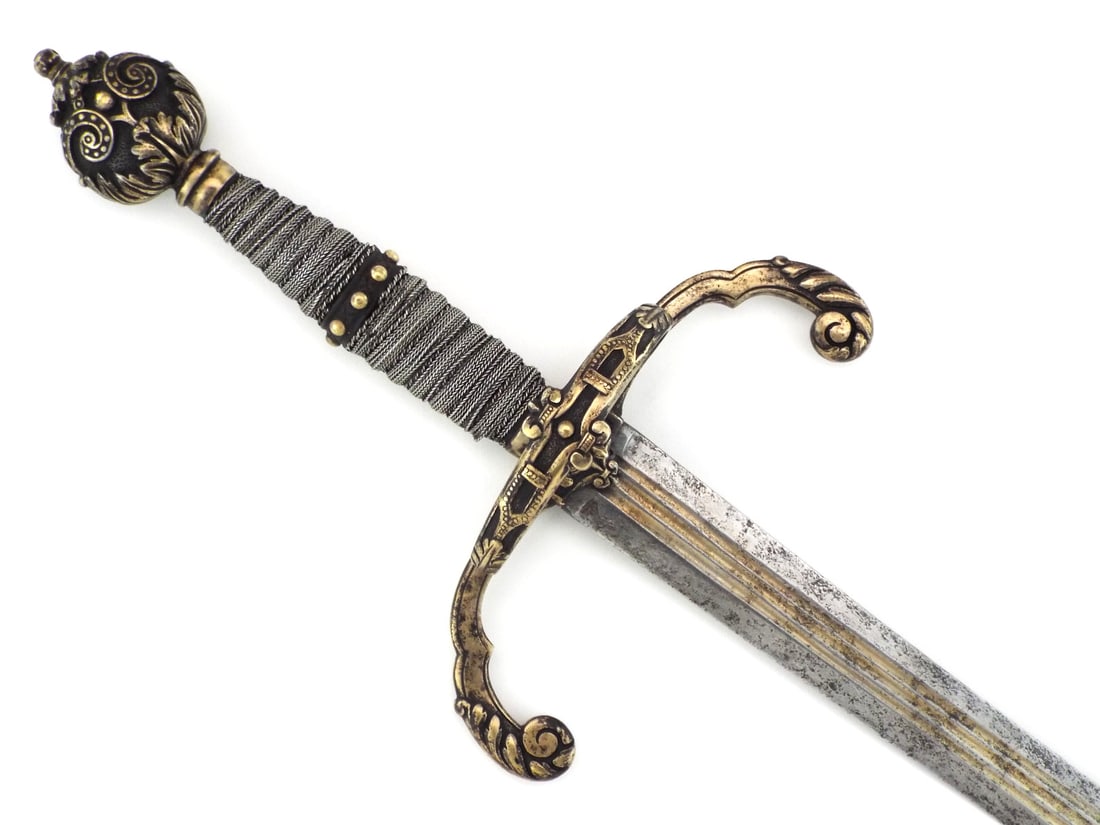 FINE Rapier in Style of French 17th C. Nobleman's with Gilded Multi Fullered Blade: Straight double edged blade displays deep spotting, surface oxidation and worn gilding within the triple fullers. Ornate cast brass guard features an s-curved crossguard, a side ring and a prominent f