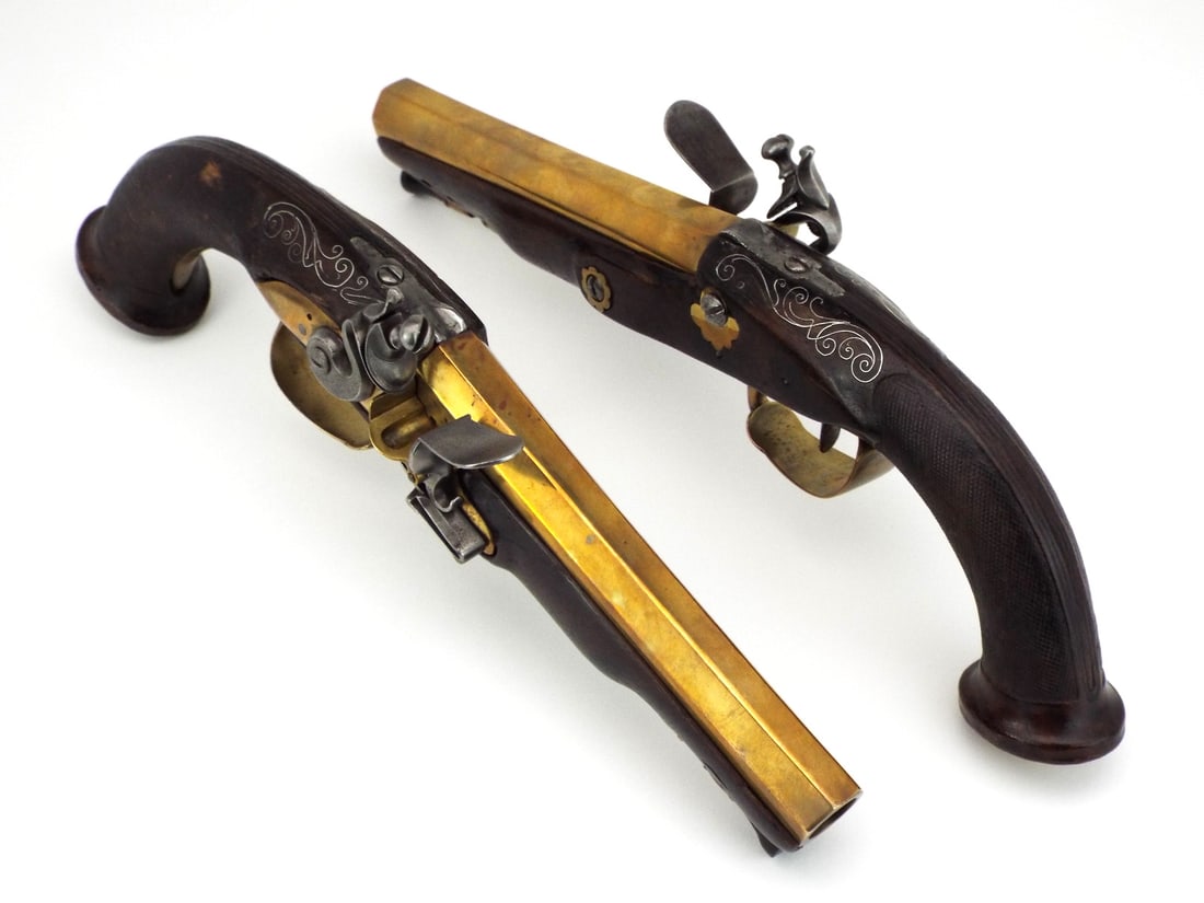 Pair of 18th C. European Flintlock Dueling Pistols with SILVER WIRE INLAY (1 of 20)